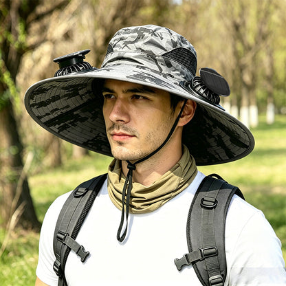 🔥Premium Solar Fan Wide Brim Hat❄️ Instant Cooling& Full UV Protection🏕️ Perfect for Fishing, Hiking & Gardening